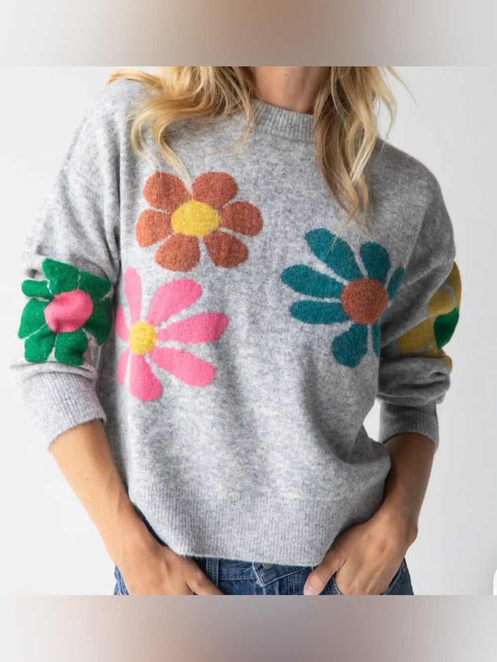 Gray Floral Appliqué Crewneck Sweater - Pink, Teal, Green Flowers